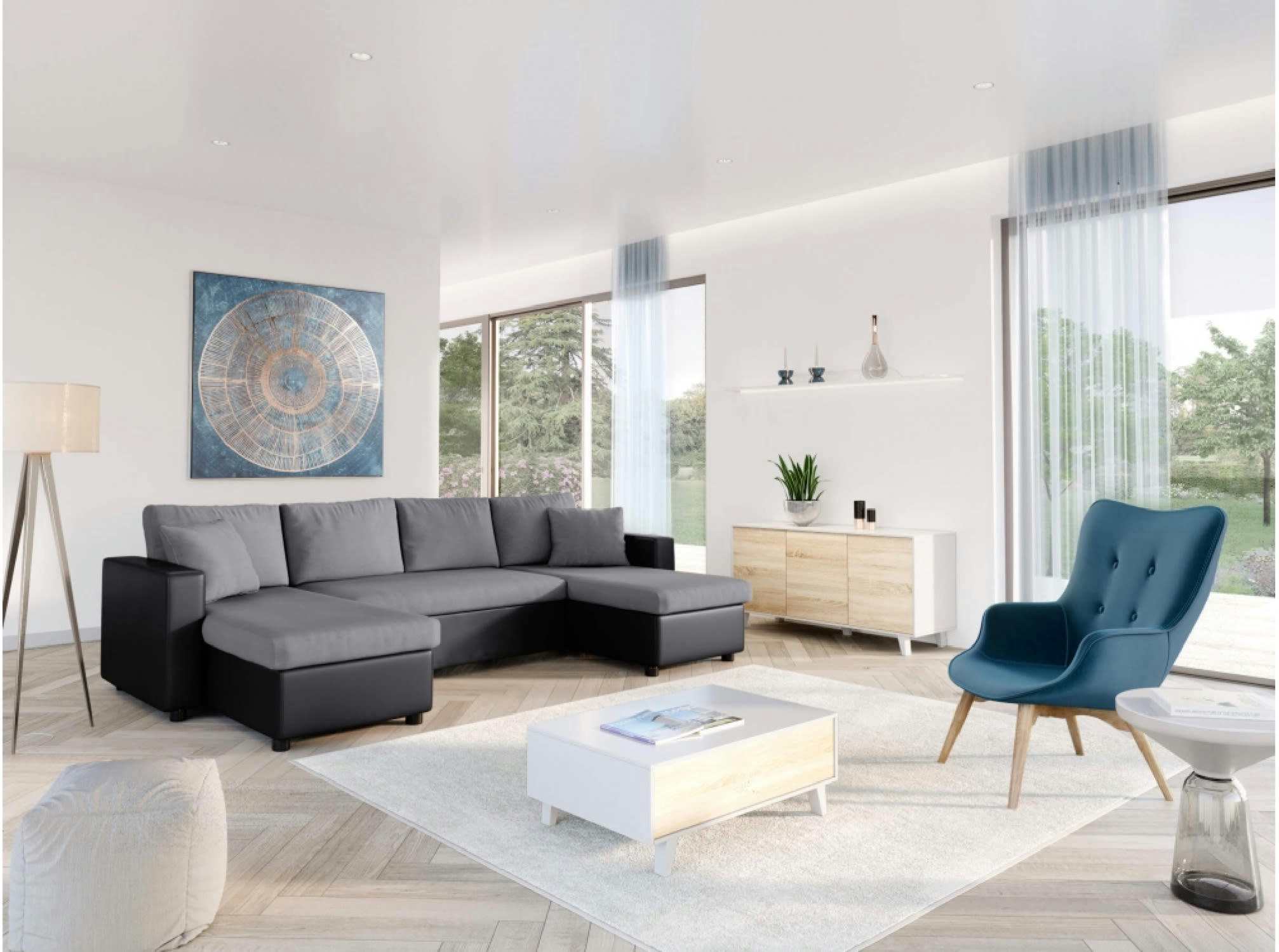 MARIA - Canapé d'angle panoramique convertible gris et noir