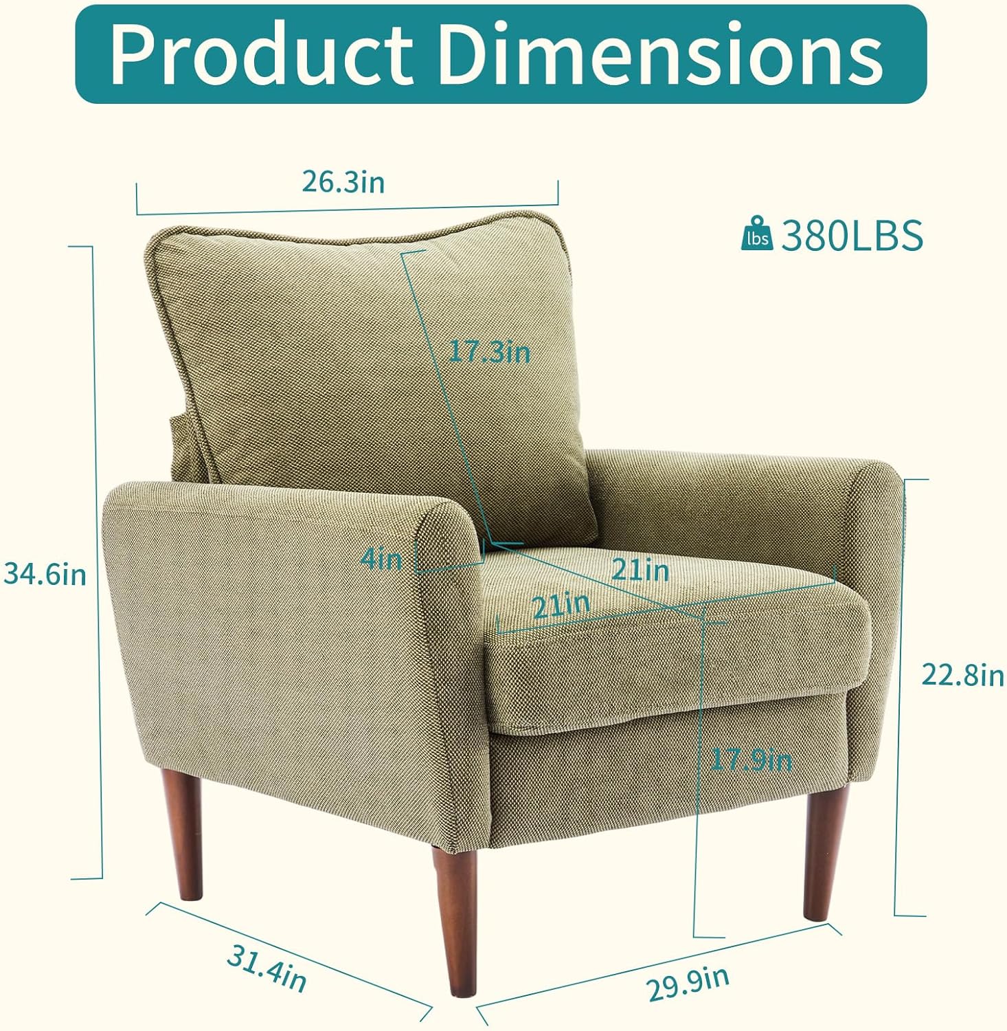 OLIXIS Comfy Accent Chair for Living Room Bedroom and Waiting Room, Upholstered Mid-Century Reading Chair with Pillow and Solid Wood Legs, Wide Singe Modern Lounge Sofa (Green)