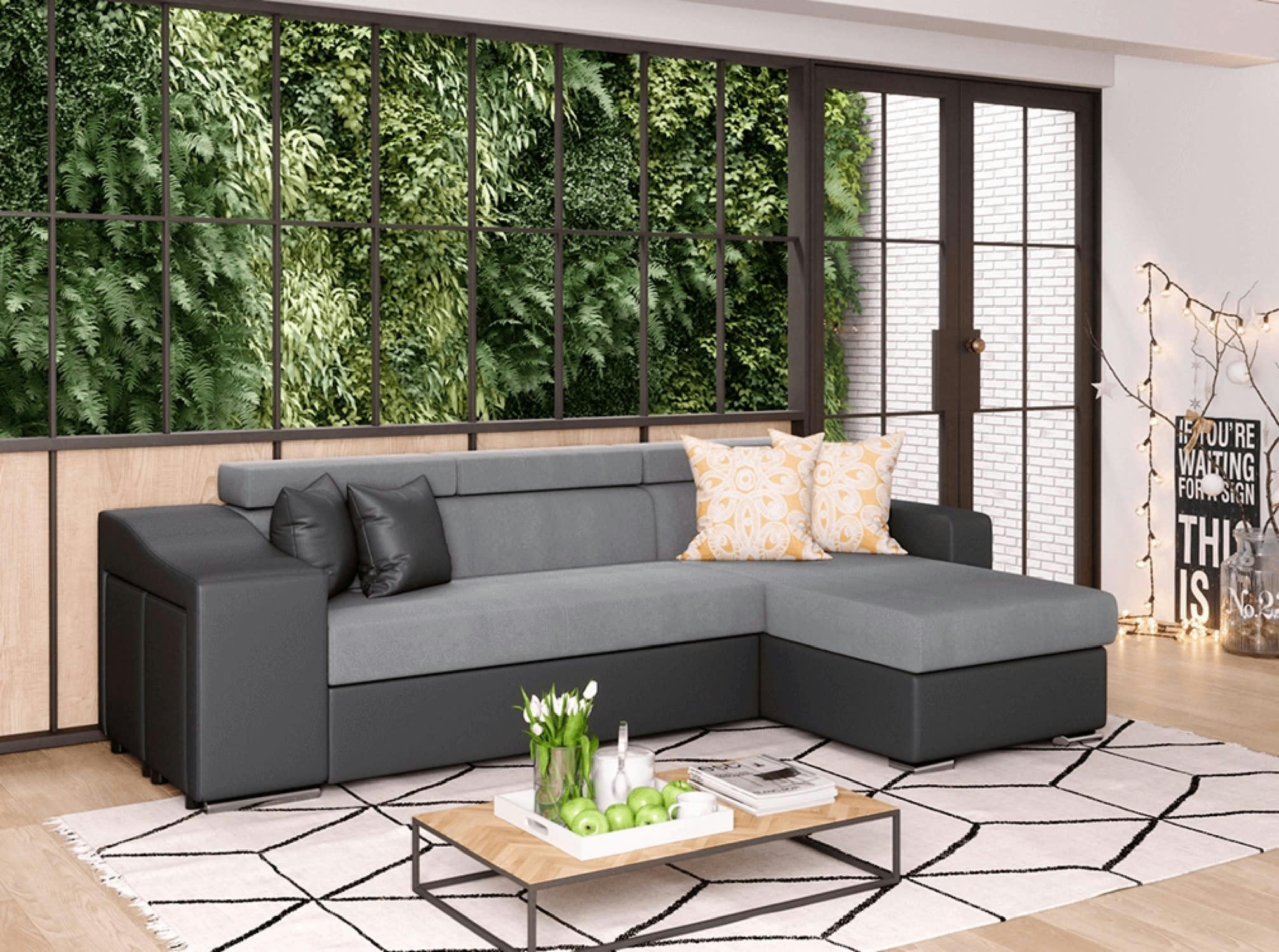 ELONA - Canapé d'angle convertible gris avec niche de rangement gauche