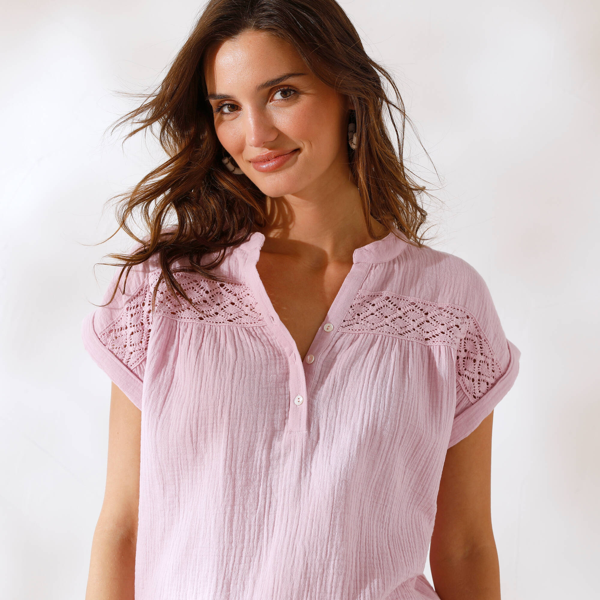 Blouse unie manches courtes, double gaze de coton
