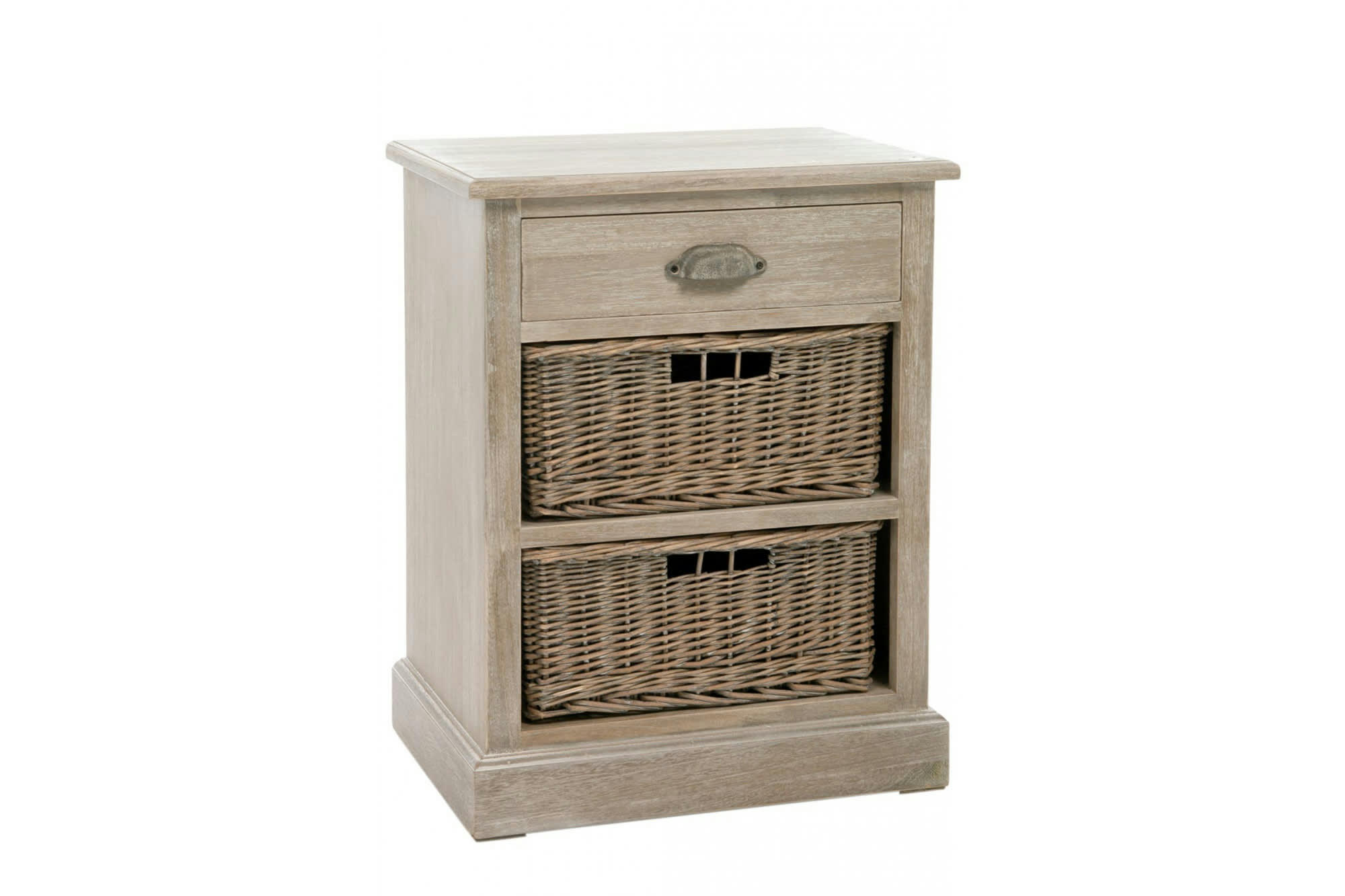KÖRG - Table de chevet en bois 1 tiroir et 2 paniers en osier