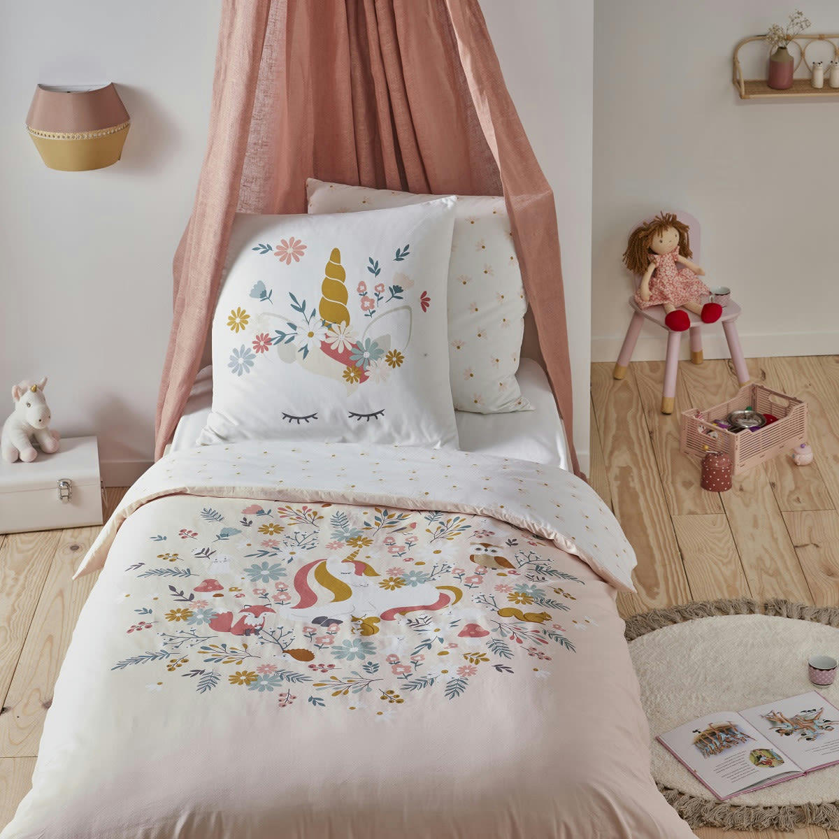 STELLA - Parure de lit enfant coton  imprimé rose 140x200cm