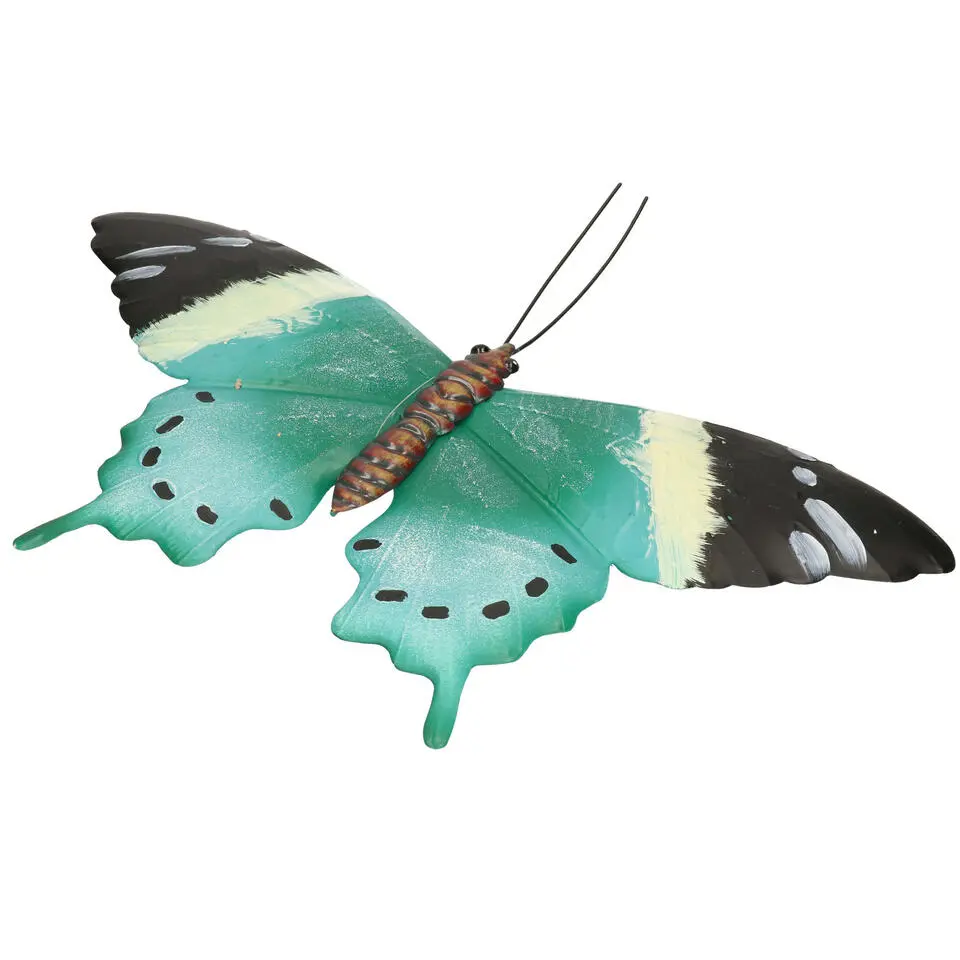 Tuindecoratie muurvlinder - zwart / blauw - metaal - 44 cm