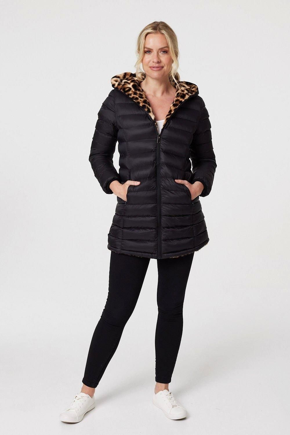 Izabel London Reversible Leopard Faux Fur Puffer
