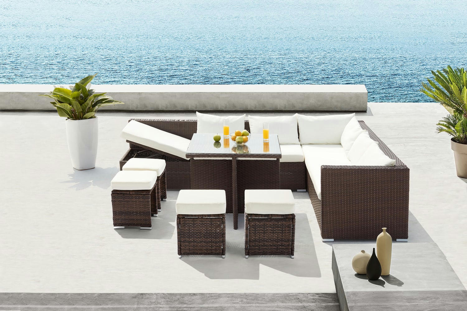 SAMOA - Salon de jardin encastrable 10 places en résine tressée marron