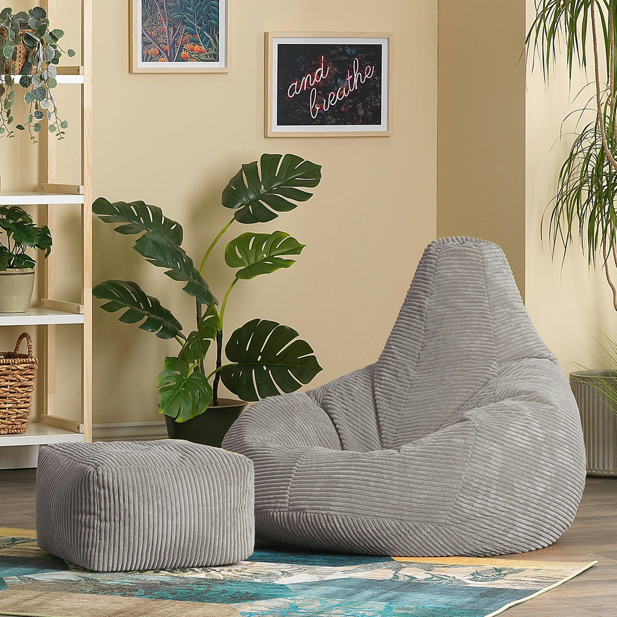 DALTON - Pouf inclinable avec repose-pied velours côtelé gris clair