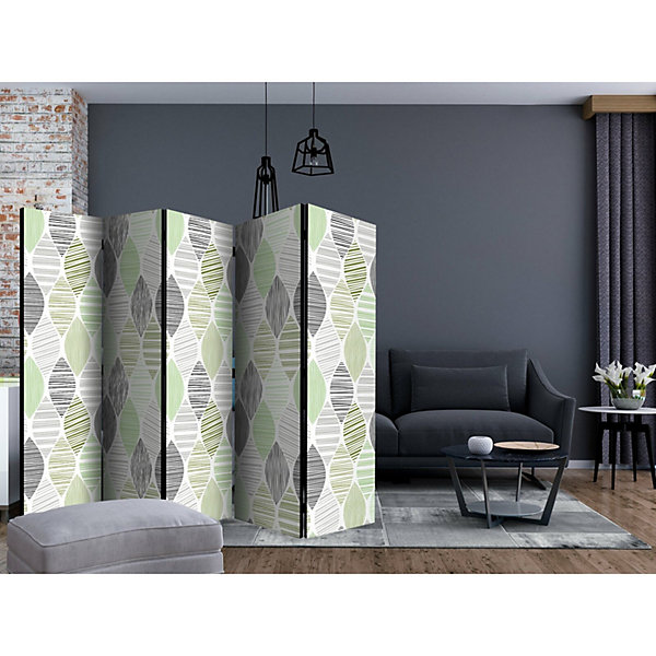 Paravent Larmes Vertes II Design Moderne 5 Panneaux 225 x 172 cm Blanc et Gris
