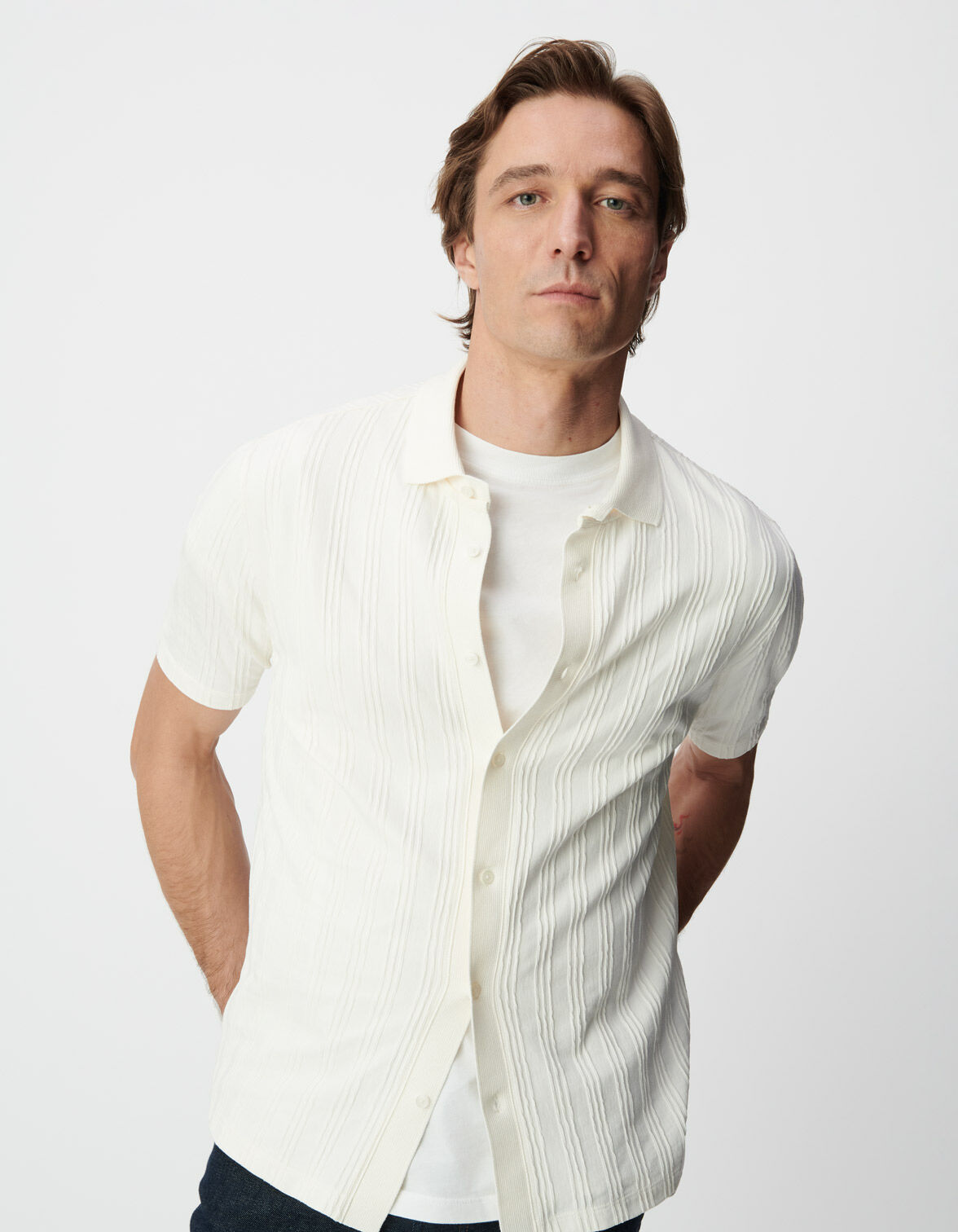 Chemise SLIM blanc cassé maille jeux de rayures Homme
