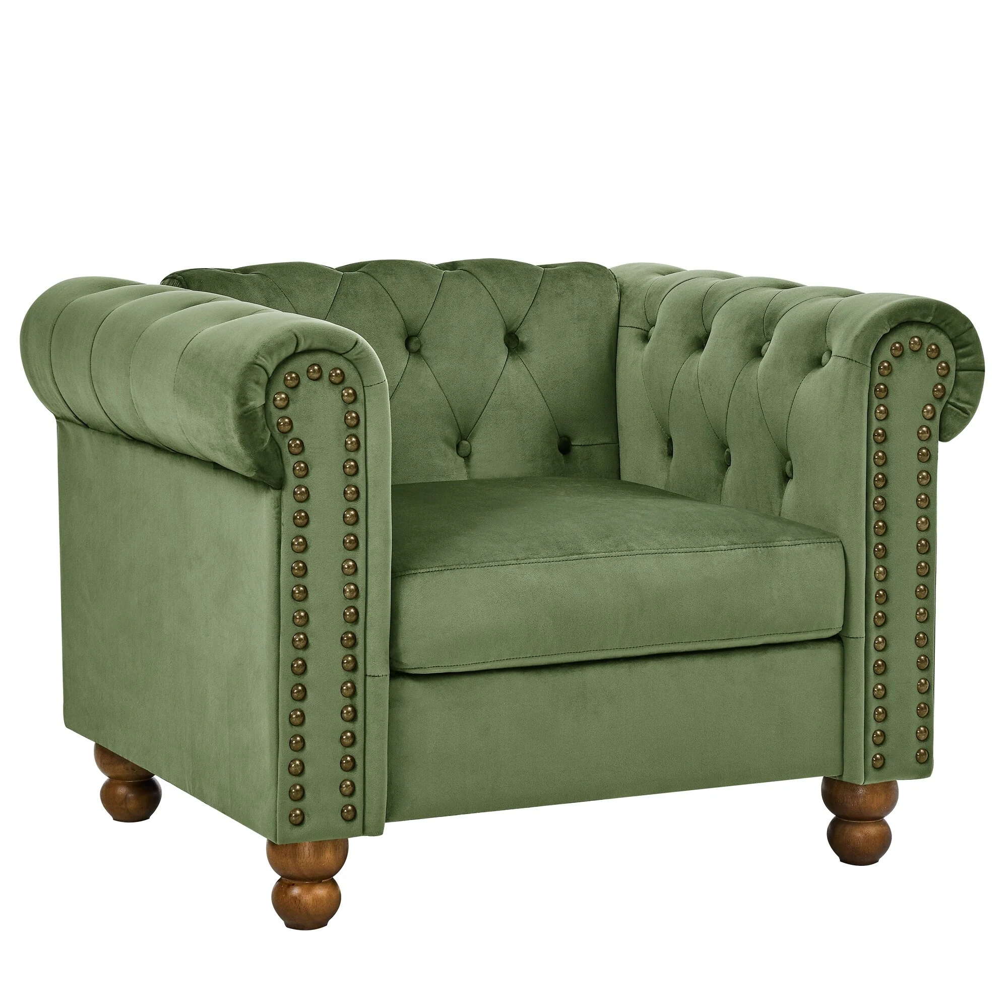 Green 31.89'' Velvet 1-Seater Couch with Tufted Design, Scrolled Arms, and Turned Legs