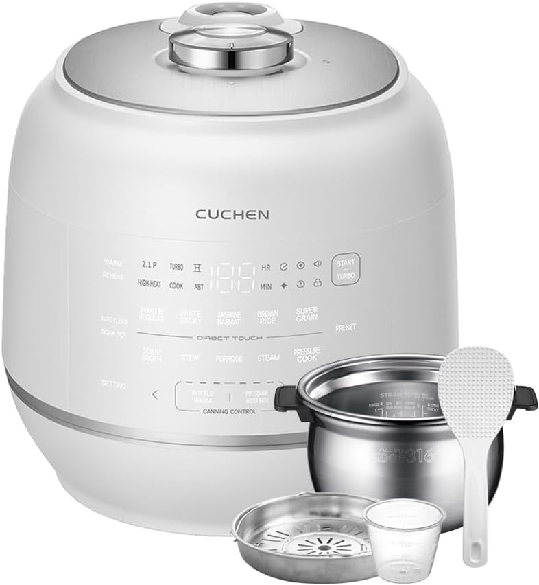 Cuchen 10-Cup Premium IH Pressure Rice Cooker with 316Ti Stainless Steel Inner Pot, 2.1 Bar High Pressure for Multi-Grain & Canning, Auto Steam Clean, White (CRT-RPD1010IEWUS)