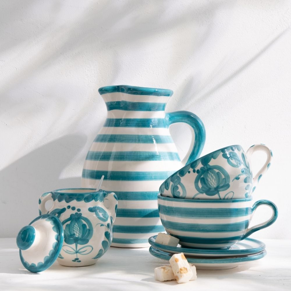 J-Line kopje   schoteltje Granada Stripes - keramiek - wit/aqua