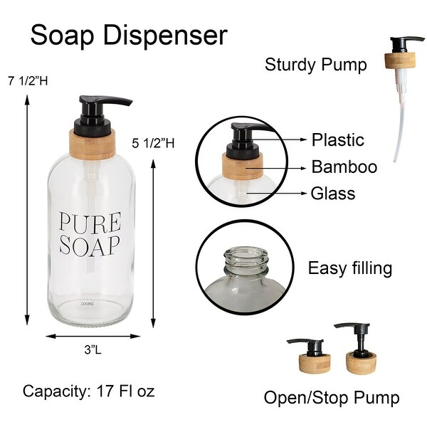 Glass and Bamboo Soap Dispenser PURE SOAP 17 or 34 FL OZ - Clear