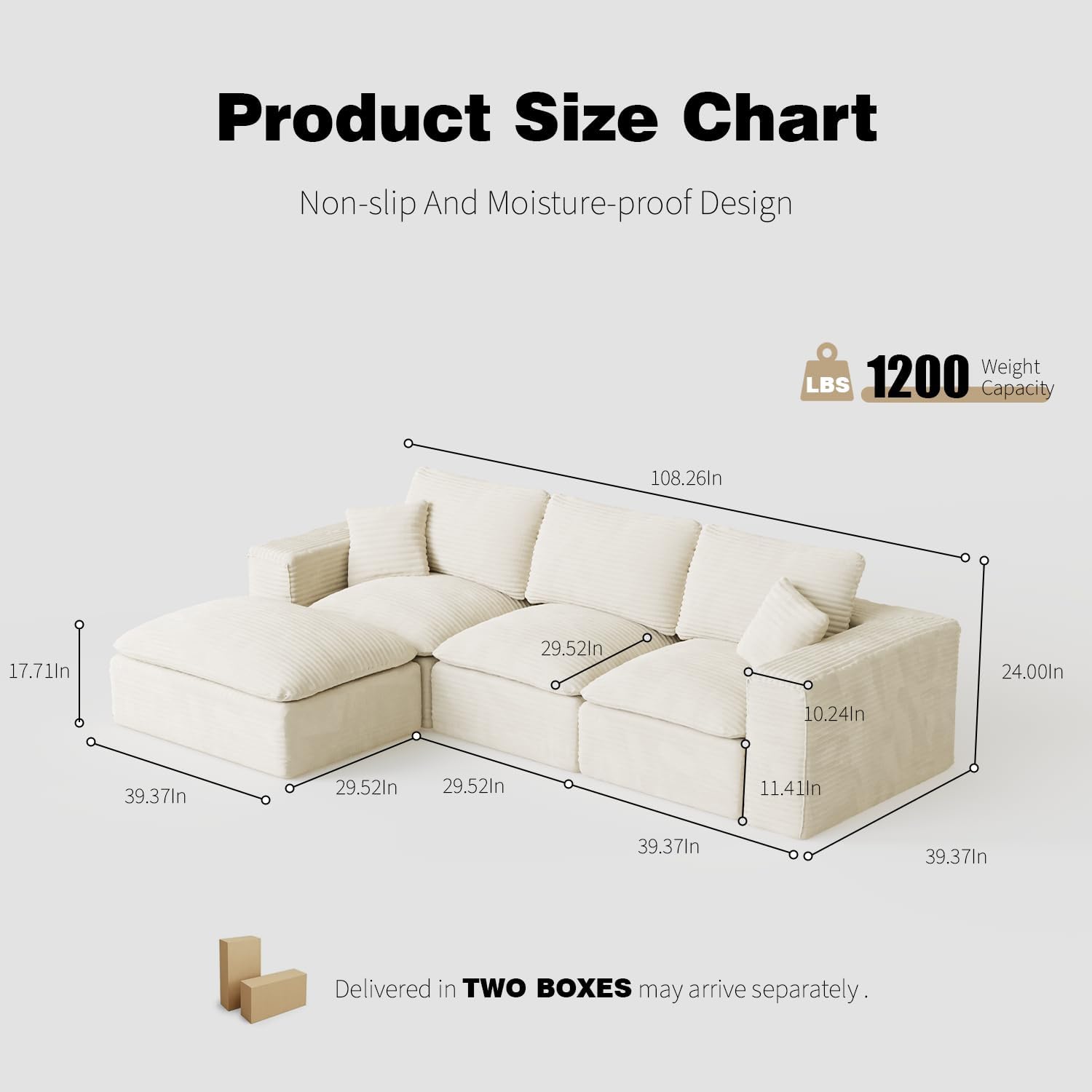 108 Plush Corduroy L Shaped Sectional Cloud Sofa Couch with Ottoman, Soft Deep Seat Modular Sectional Couches for Living Room,No Assembly. Beige