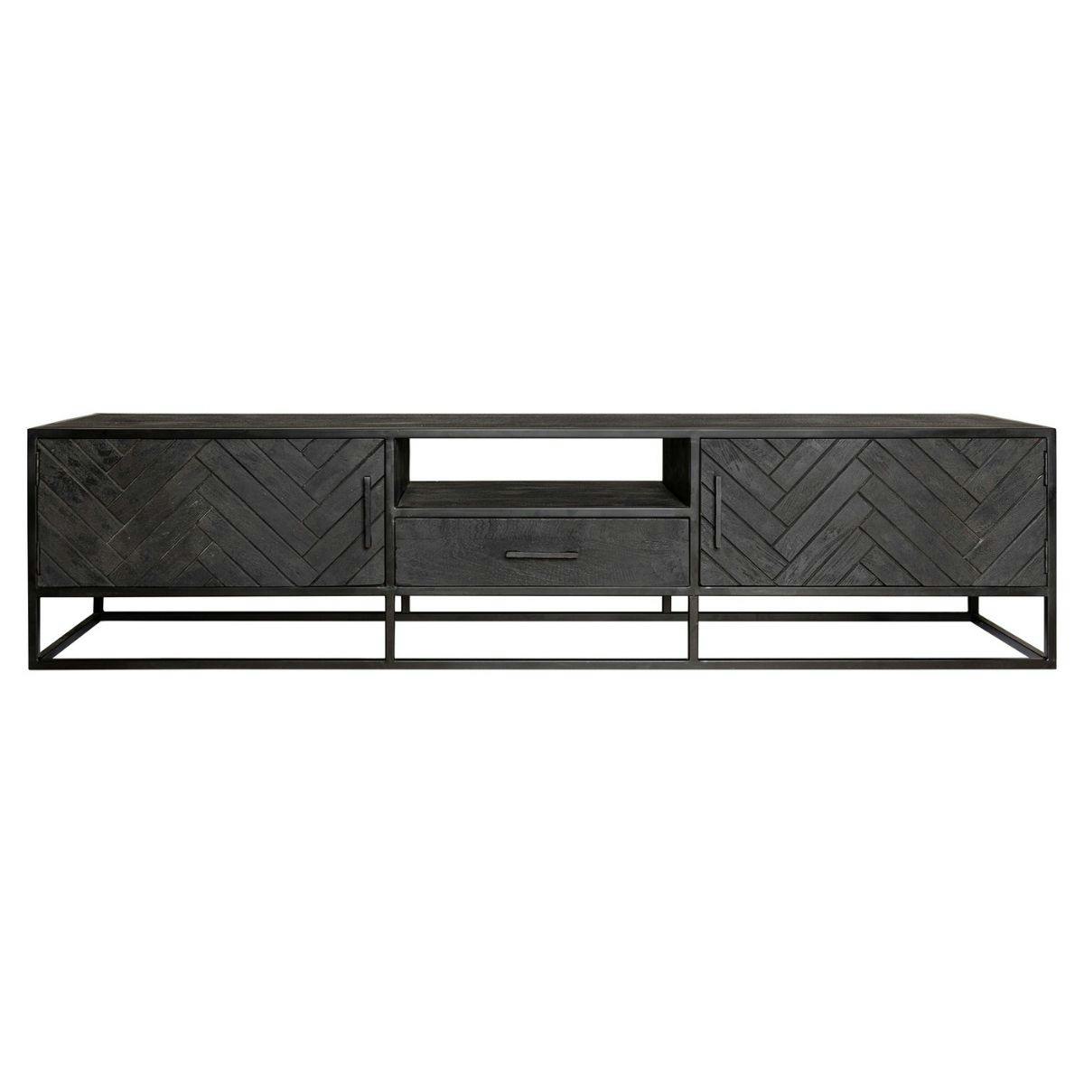 Meuble TV noir en bois 2 portes motif chevron 210 cm ALVERA