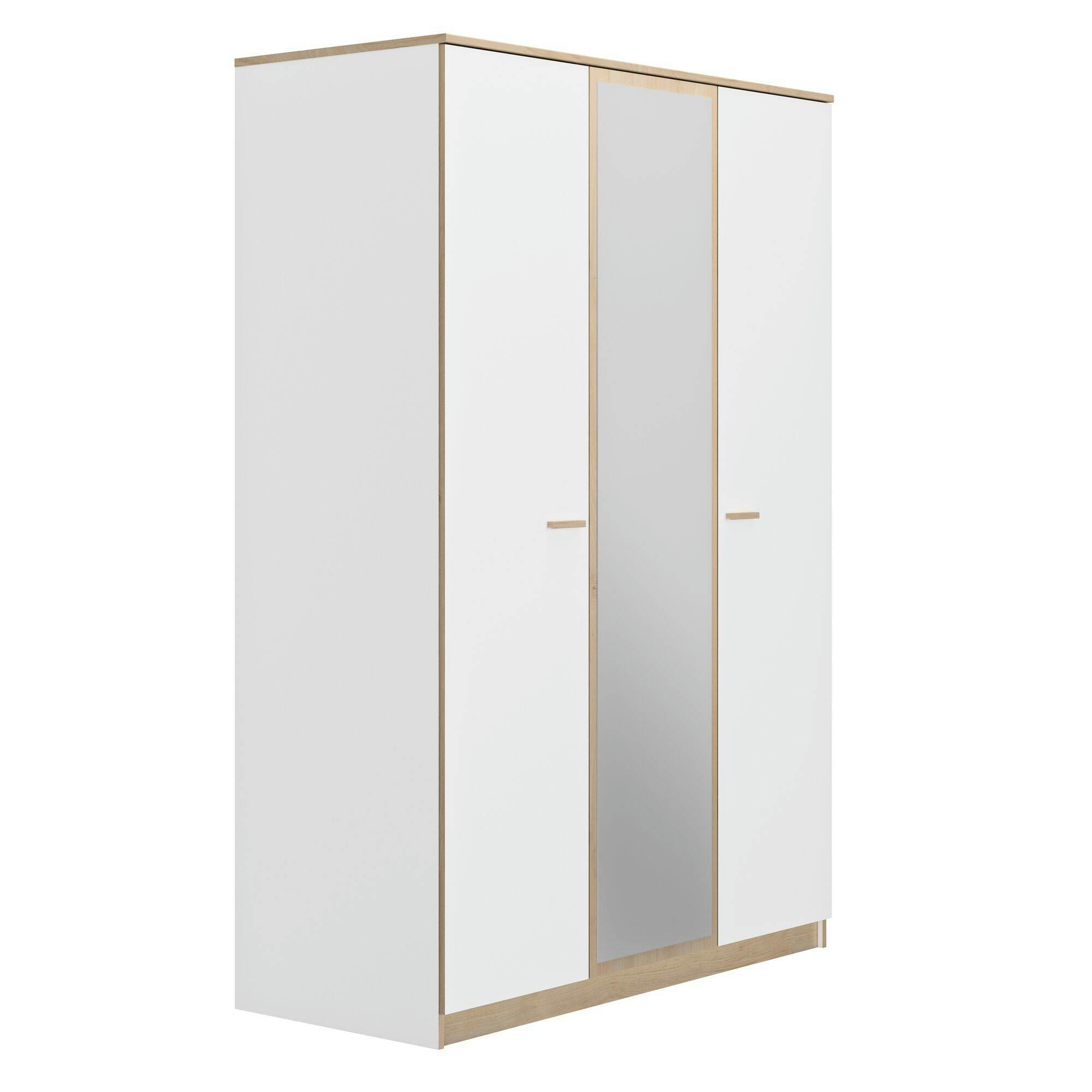 ENORA - Armoire 3 portes 1 miroir effet bois blanc/bois