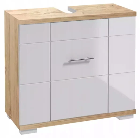 Szafka łazienkowa pod umywalkę 70cm, biała połysk, dąb sonoma, Rita