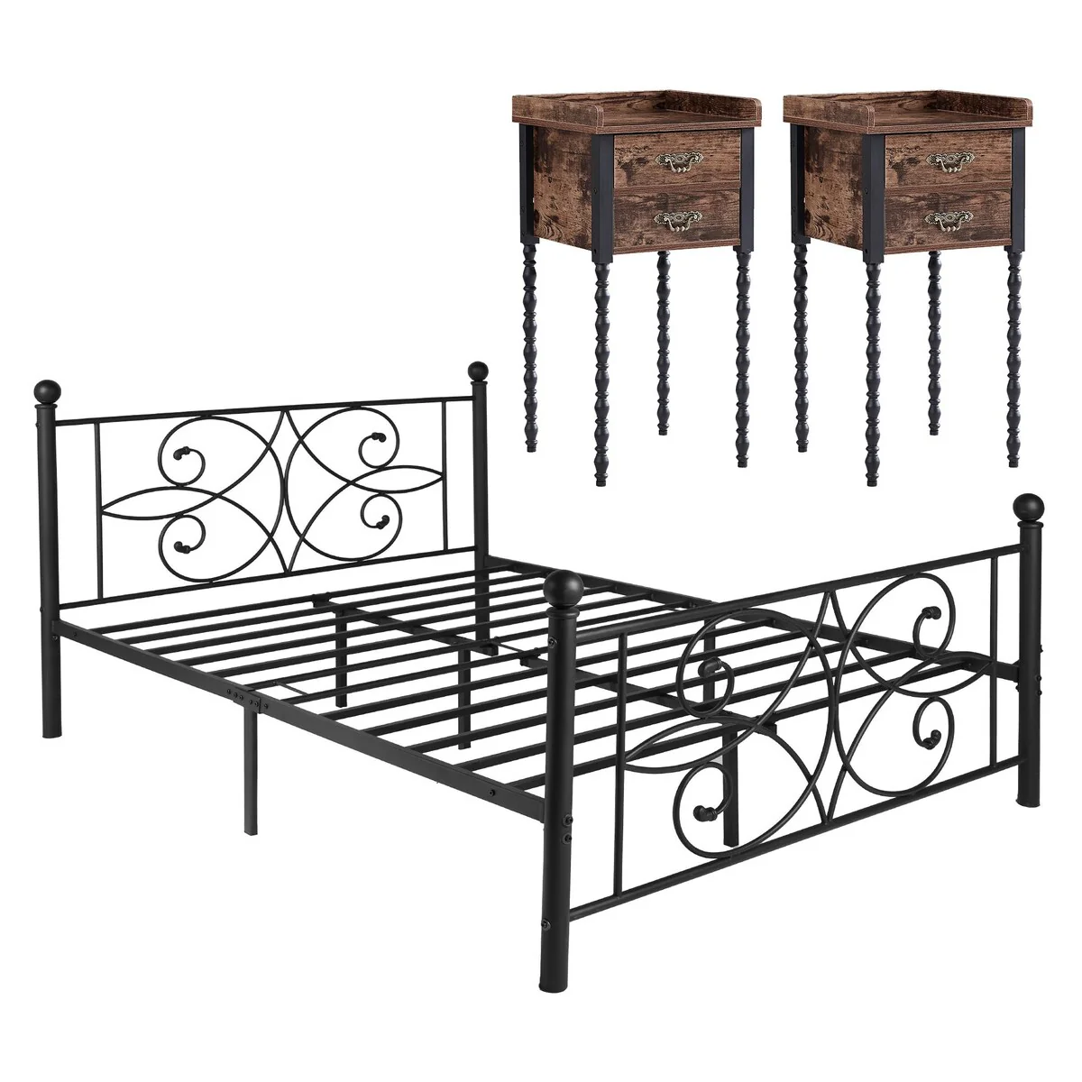 Industrial 3-Piece Bedroom Set with Black Platform Bed Frame and Vintage Nightstand Set of 2