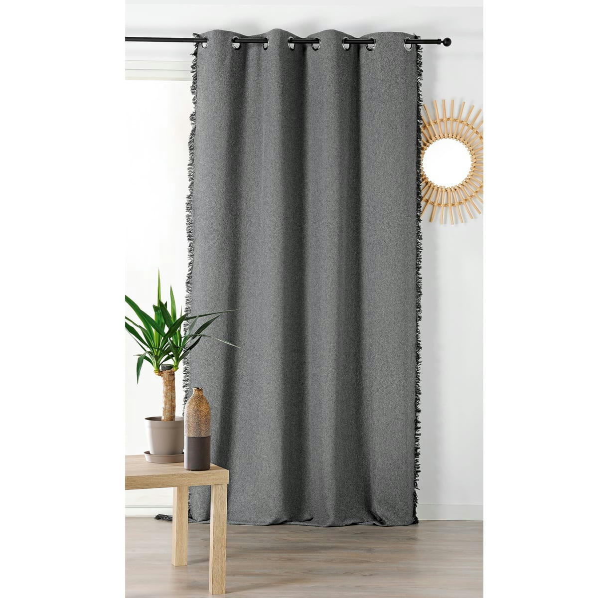 - Rideau uni anthracite recyclé à franges