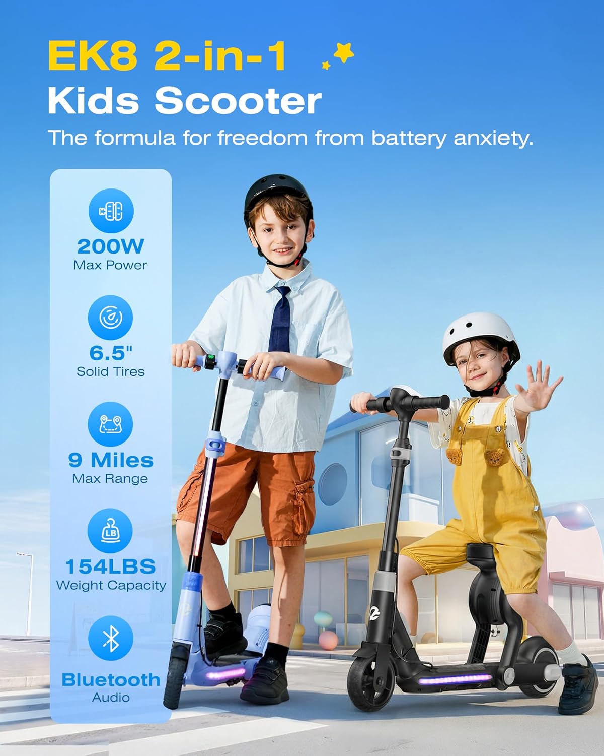 ECOROAD 2-in-1 Kids Electric Scooter EK8,200W Motor & 9 Miles Range,Up to 10 MPH,Dual Brake System,Bluetooth Music & Foldable & Adjustable Height, for Kids Ages 6-12(Black)
