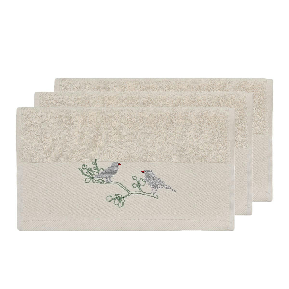 SPRING BIRDS - Lot de 3 serviettes invité en coton Blanc Cassé 30x50 cm