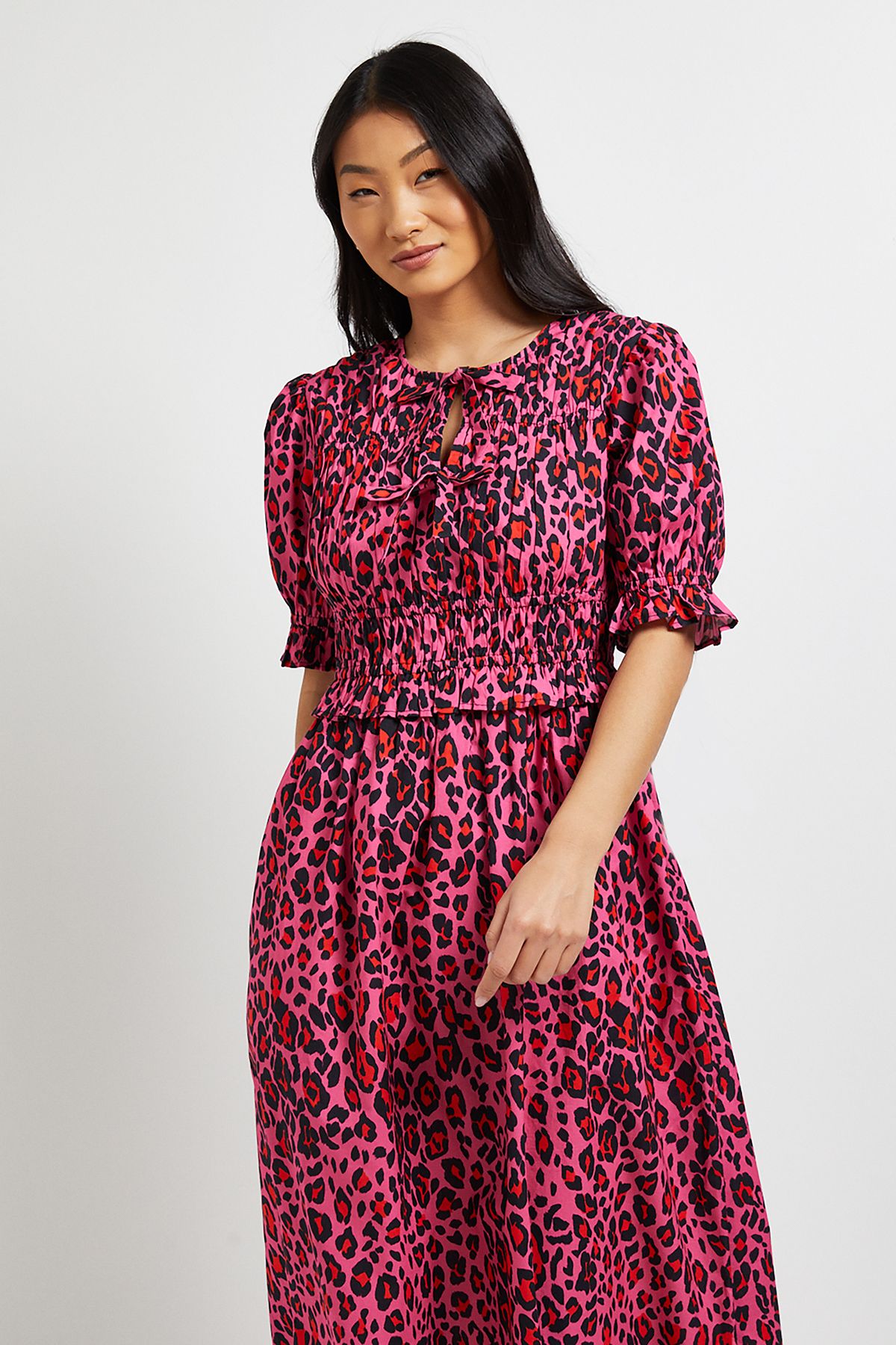 Dorothy Perkins Petite Tie Front Frill Sleeve Printed Poplin Midi Dress
