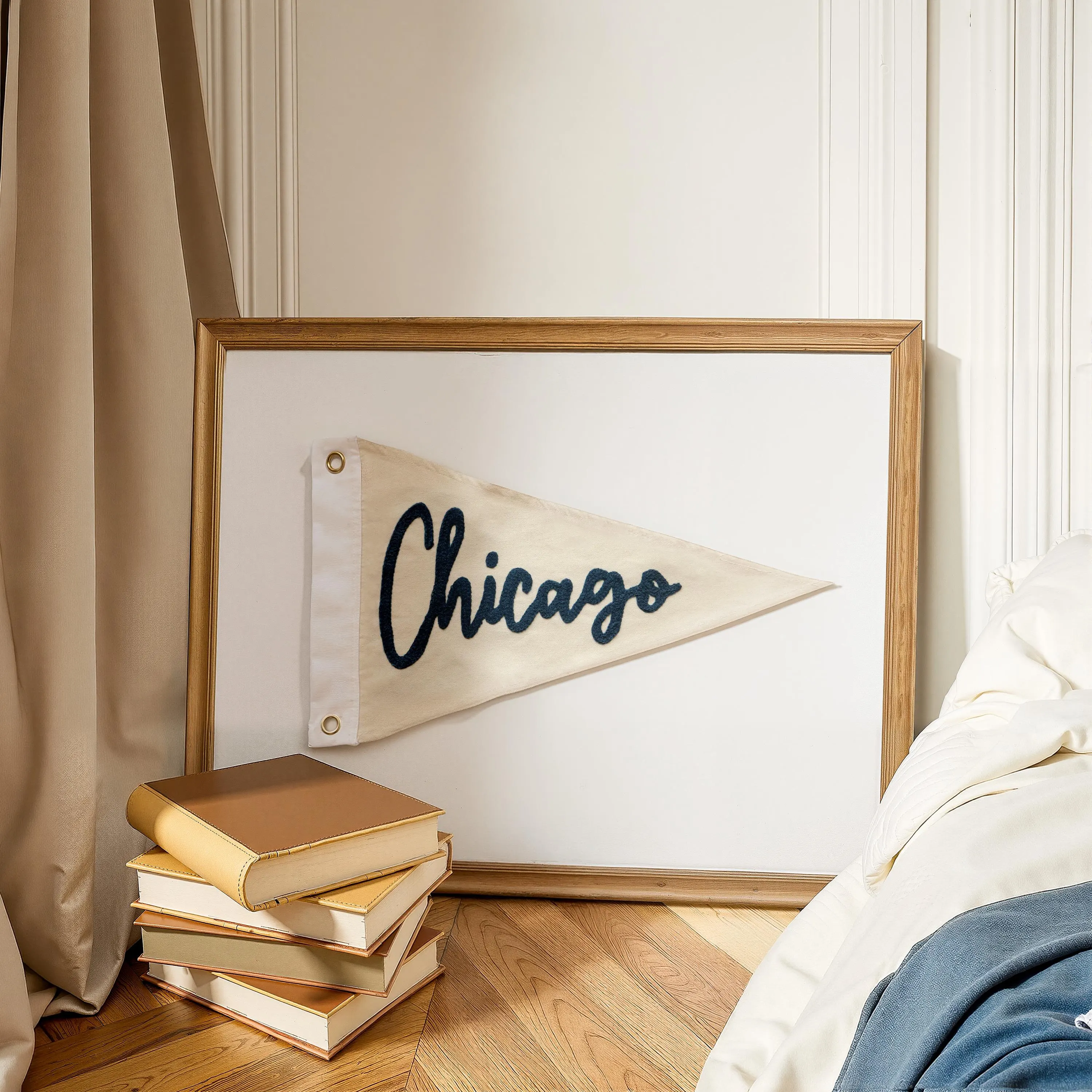 Hand Embroidered Vintage pennant Flag | Custom Chicago City flag | Home Office Decor | Trending Popular Wall Art | Unique Handmade Gifts