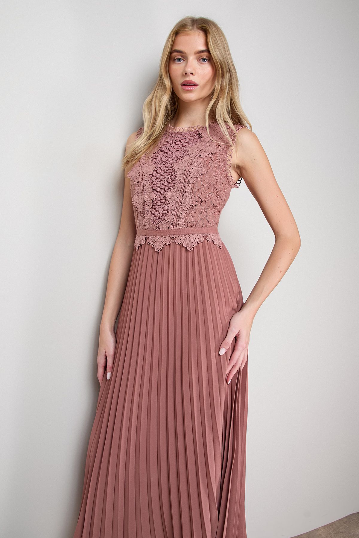 Oasis Lace Trim Detail Pleated Midi Dress
