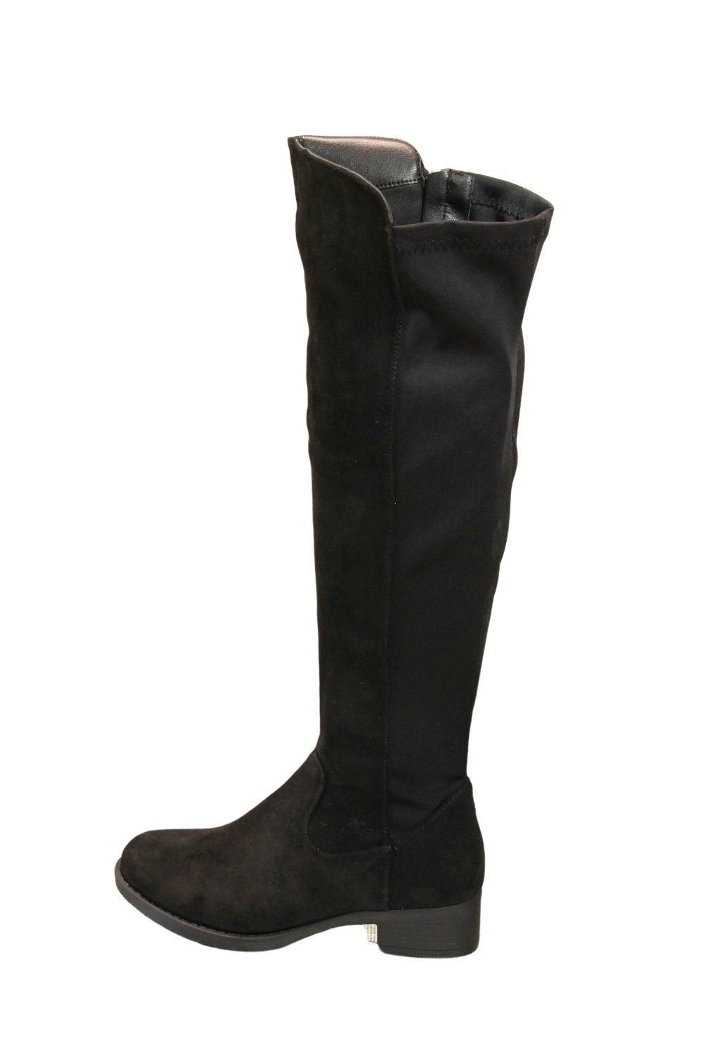 IVACHY Elastic Band Zip Closure Faux Suede Flat High Knee Boots