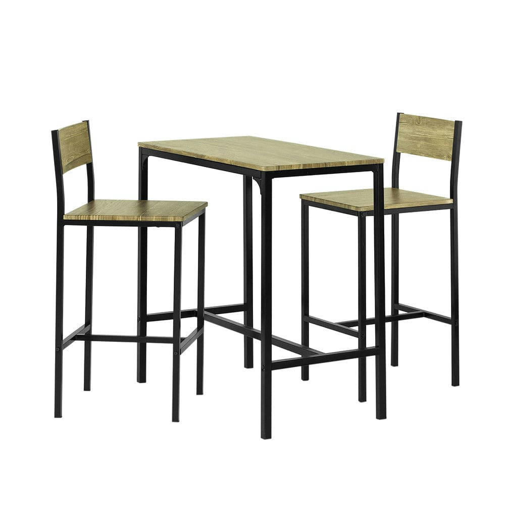 - Set de 1 table et 2 chaises de bar effet bois et métal noir