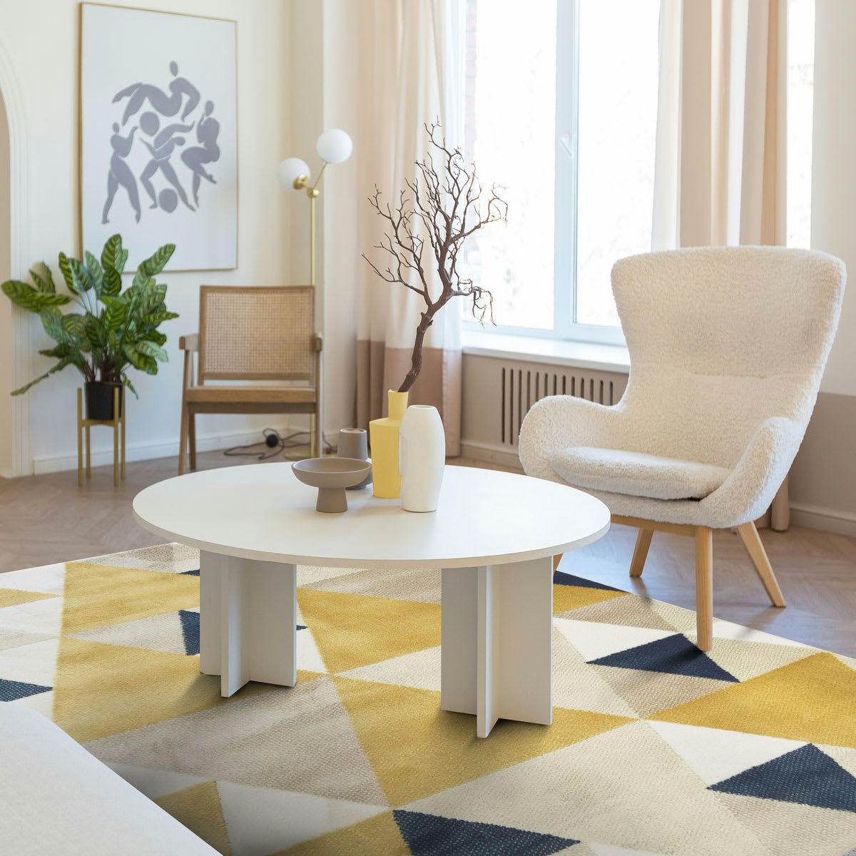 NEW - Tapis motifs triangles jaune et bleu 150x200