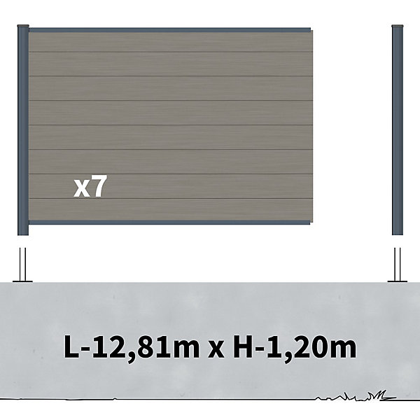 Kit Clôture Composite sur Muret RIO Platine 13x1,2m - Bois composite &Aluminium - Poteaux sur Platines Gris - Brise vue