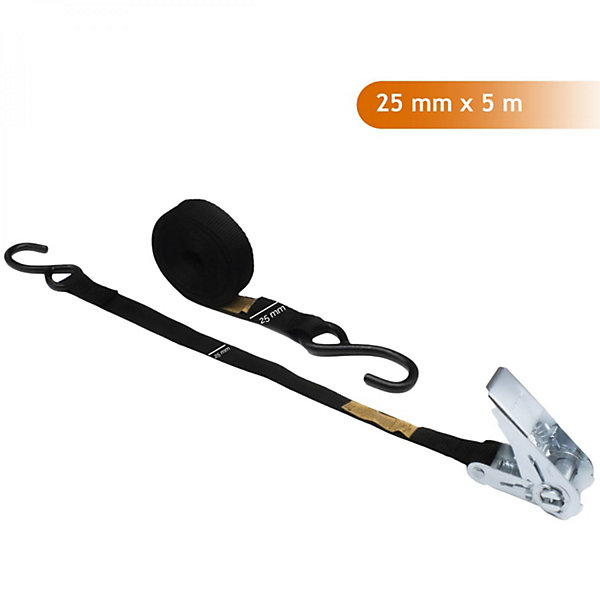 Lot de 2 sangles d'arrimage à cliquet et 2 crochets S - 25 mm x 5 m - Noir - Linxor
