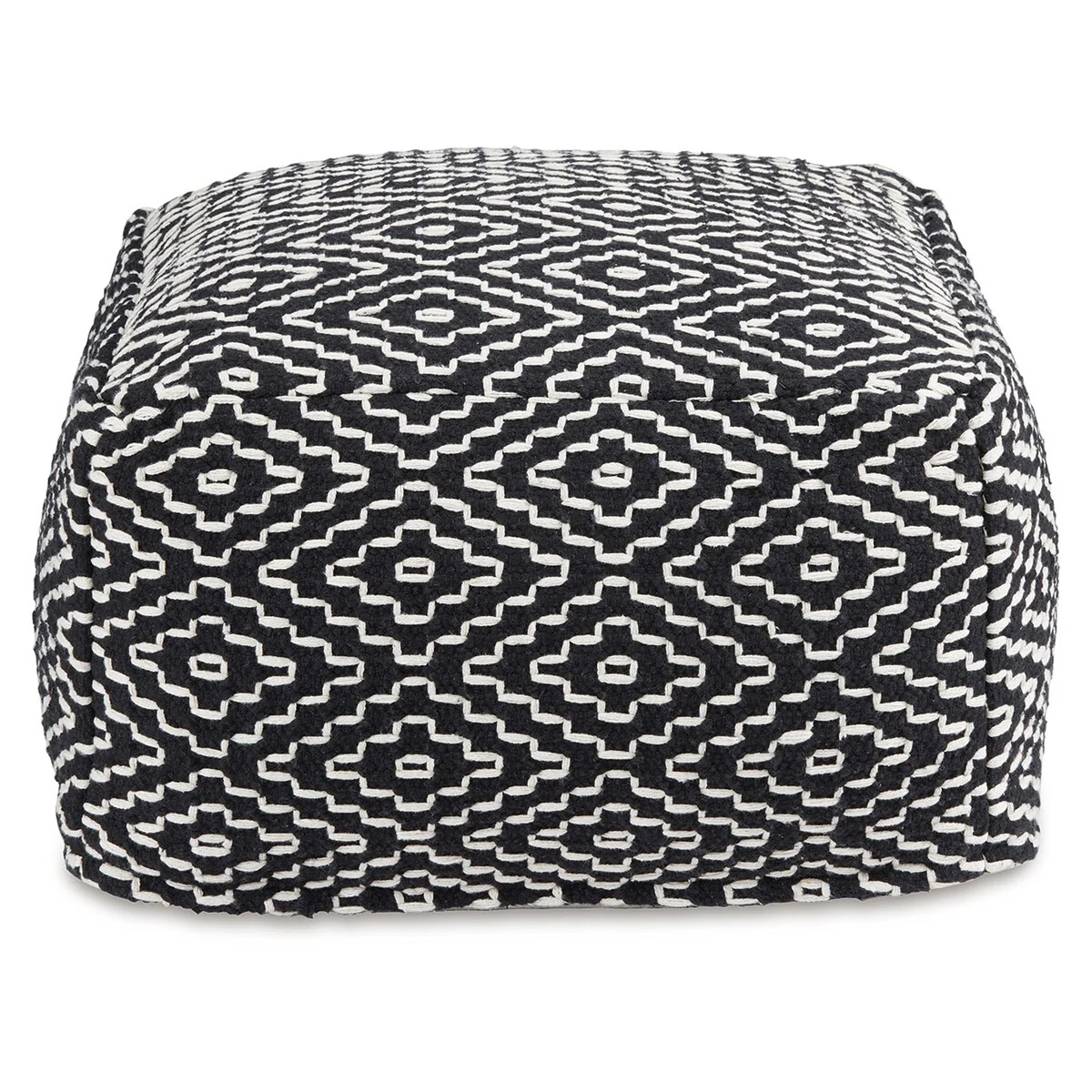 Sena 22 Inch Ottoman Pouf, Handwoven Pattern, Cotton Cover, Black White
