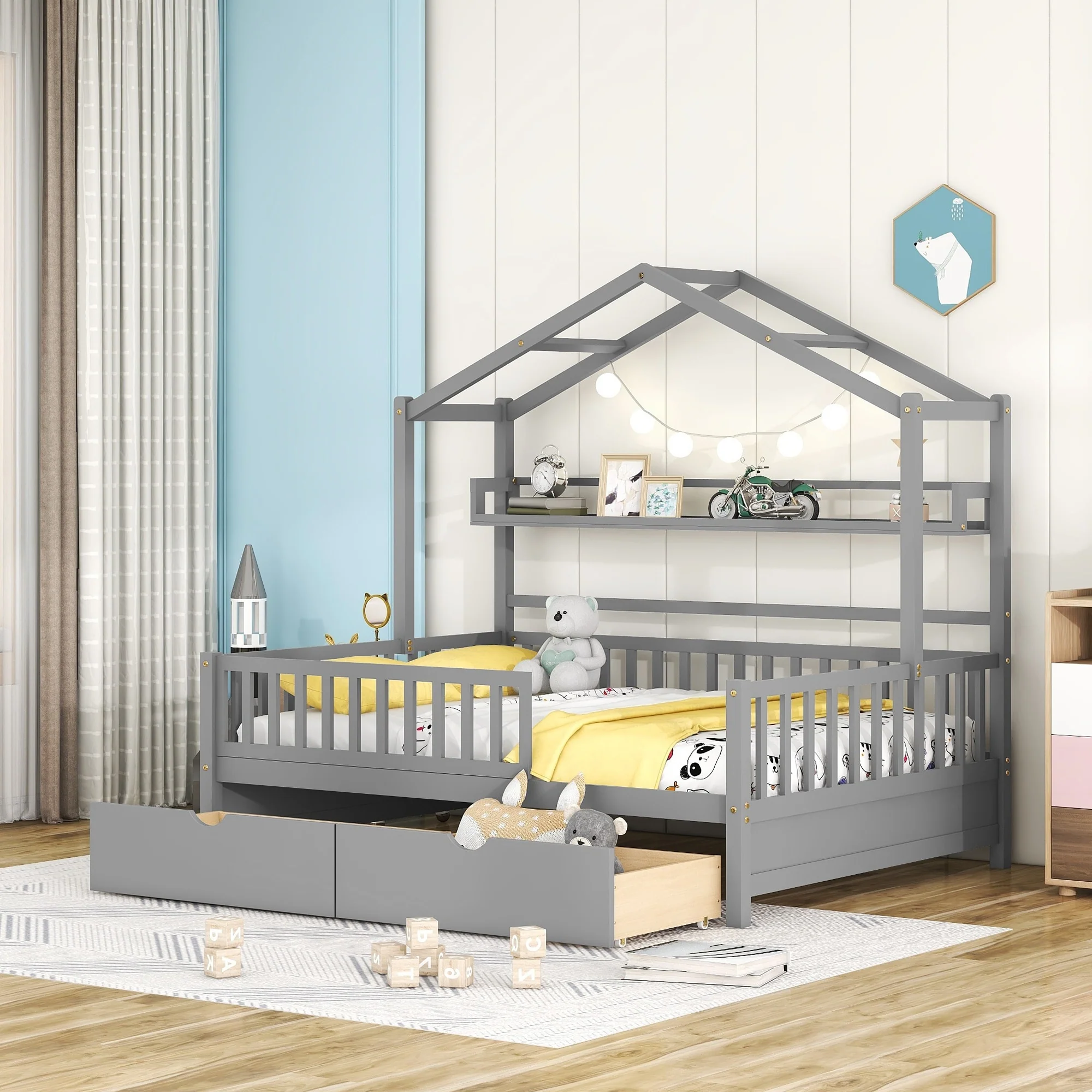 Full Size House Bed with 2 Drawers and Shelf, Sturdy Wooden Frame for Kids Play and Sleep