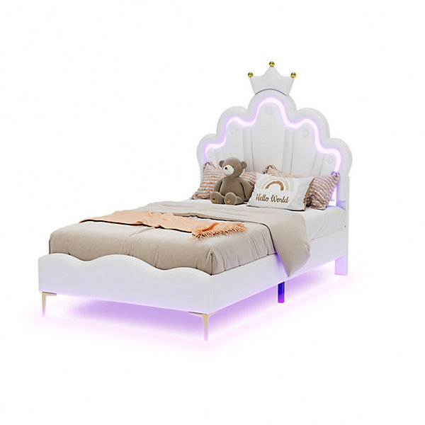 Lit Capitonné 90 X 200 Cm,en Forme De Couronne,en Cuir Pu,lit LED Avec Sommier à Lattes,blanc