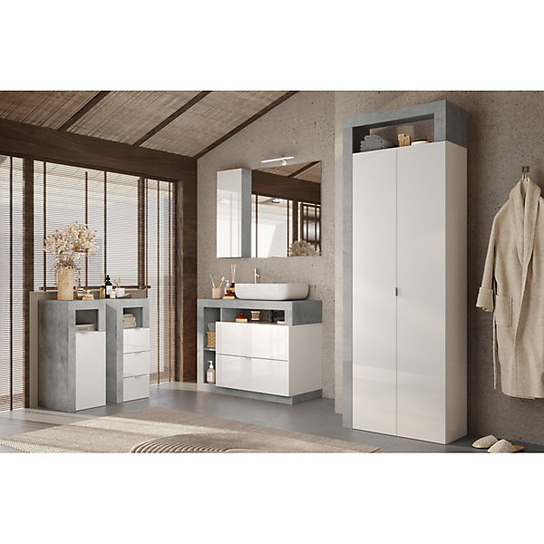 Armoire de salle de bains, 2 portes, collection BURA. Coloris blanc brillant laqué et gris aspect béton