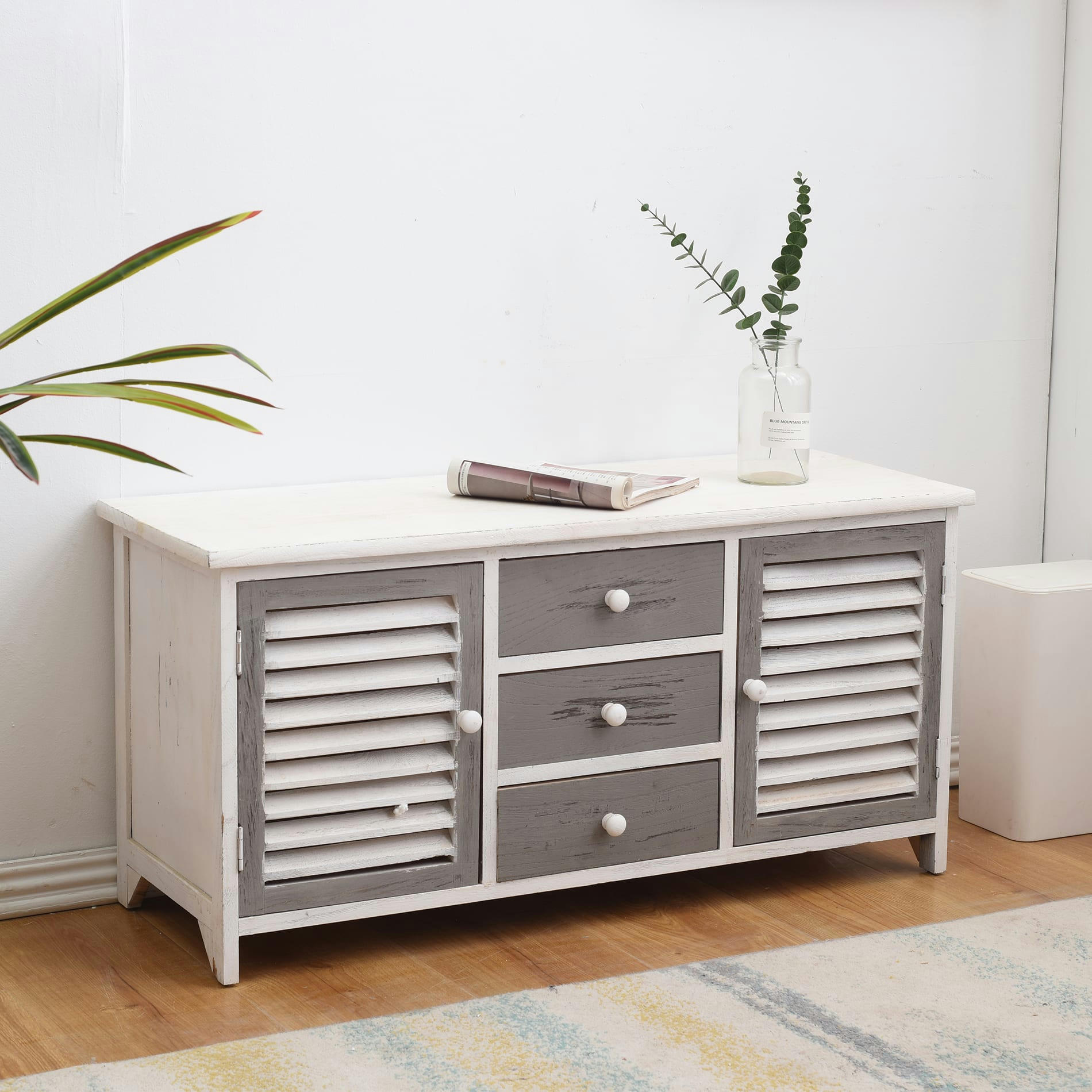 MY HOME - Buffet bas avec 3 tiroirs 2 portes en bois blanc et gris