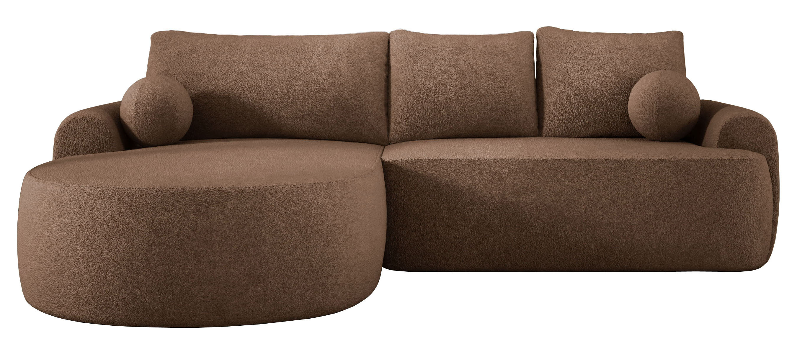 Brązowa sofa narożna rozkładana PIERO S z pojemnikiem boucla lewa