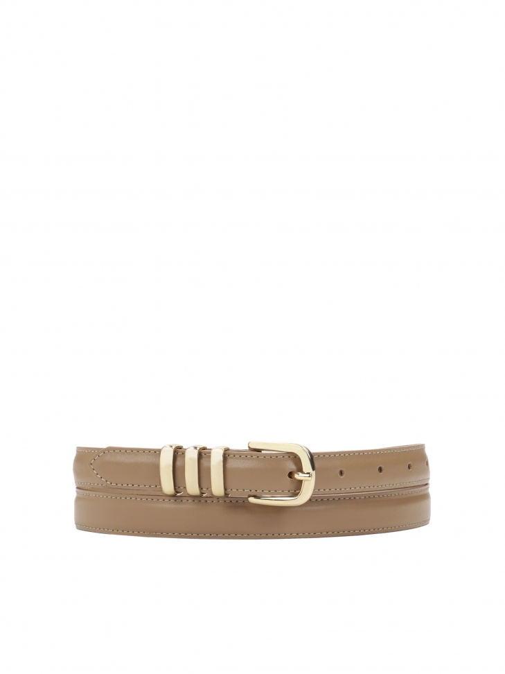 Leather narrow belt in taupe color
