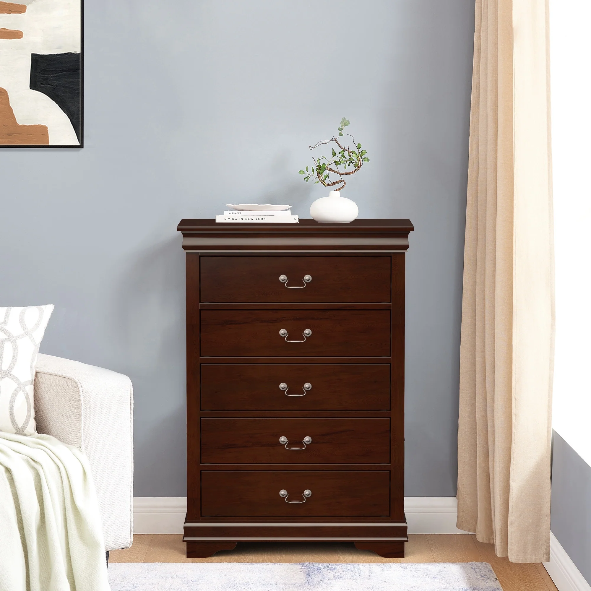 48 Tall Modern Dark Cherry Solid Wood 5-drawer Storage Chest