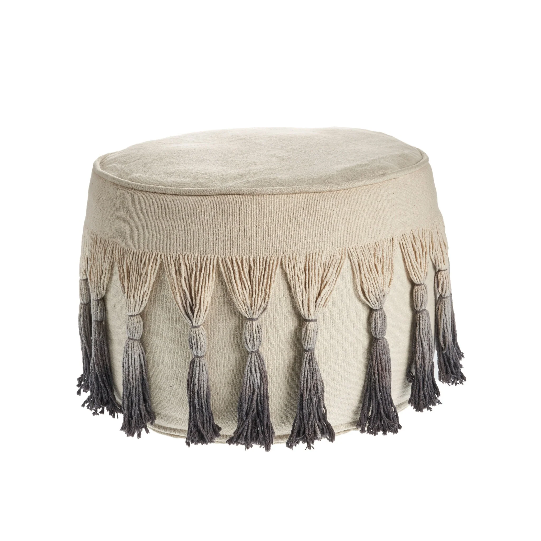 20 Inch Beige Cotton Round Ombre Pouf Ottoman for Living Room and Bedroom
