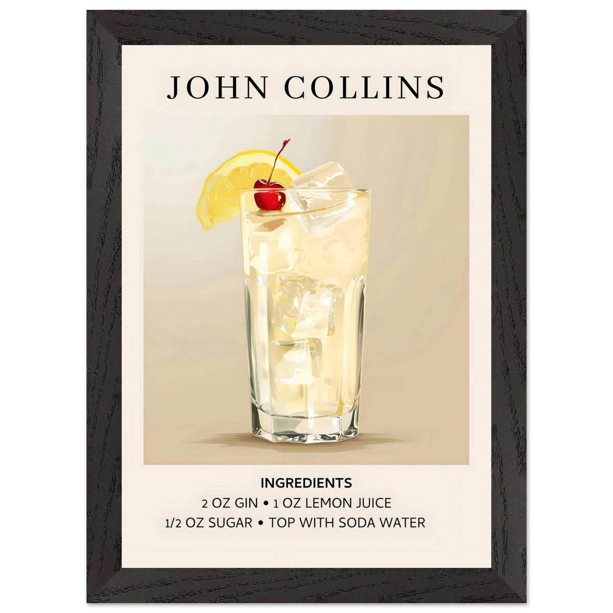 Artfulprints Poster met Lijst John Collins cocktail - Ingrediënten  - A4 21x29.7 cm - Taupe