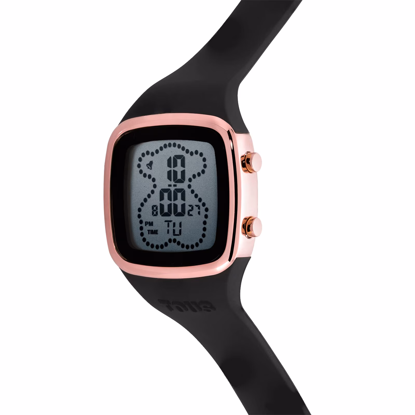 Reloj digital con correa de silicona en color negro y caja de acero IPRG rosado TOUS B-Time