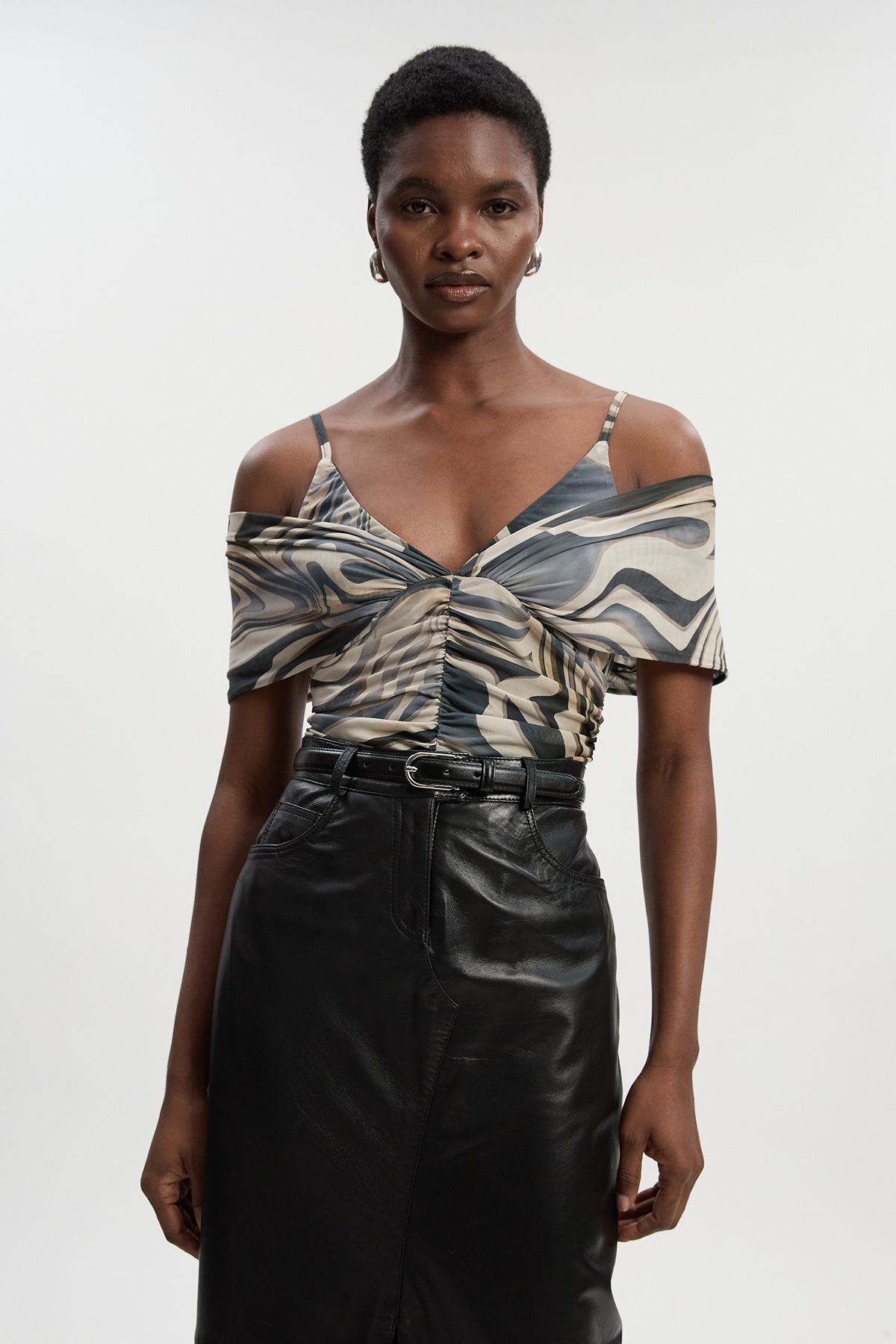 KarenMillen Marble Print Mesh Plunge Strappy Detail Bodysuit