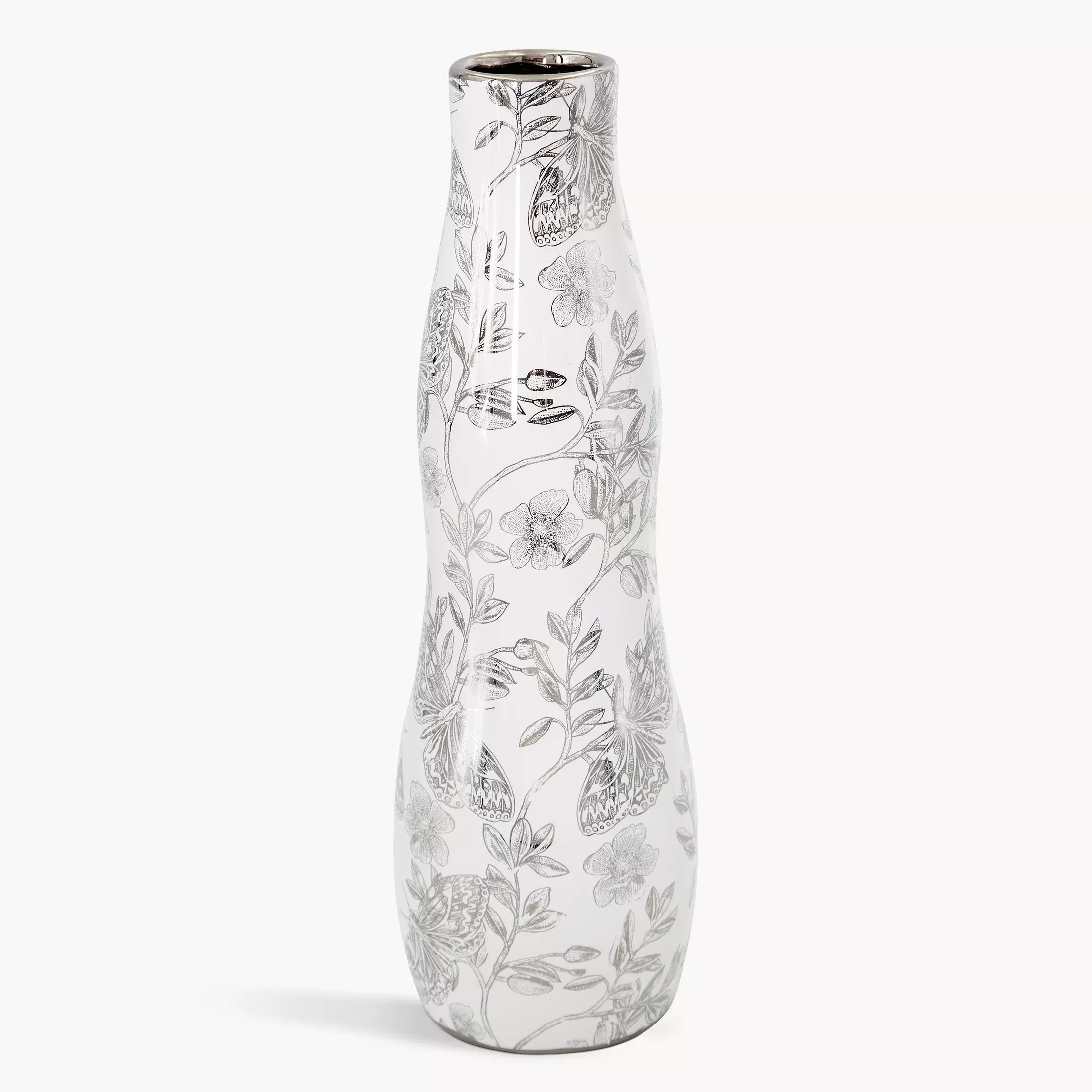 Wazon dekoracyjny biało, srebrny zdobiony roślinnym wzorem 11x35 cm RITA