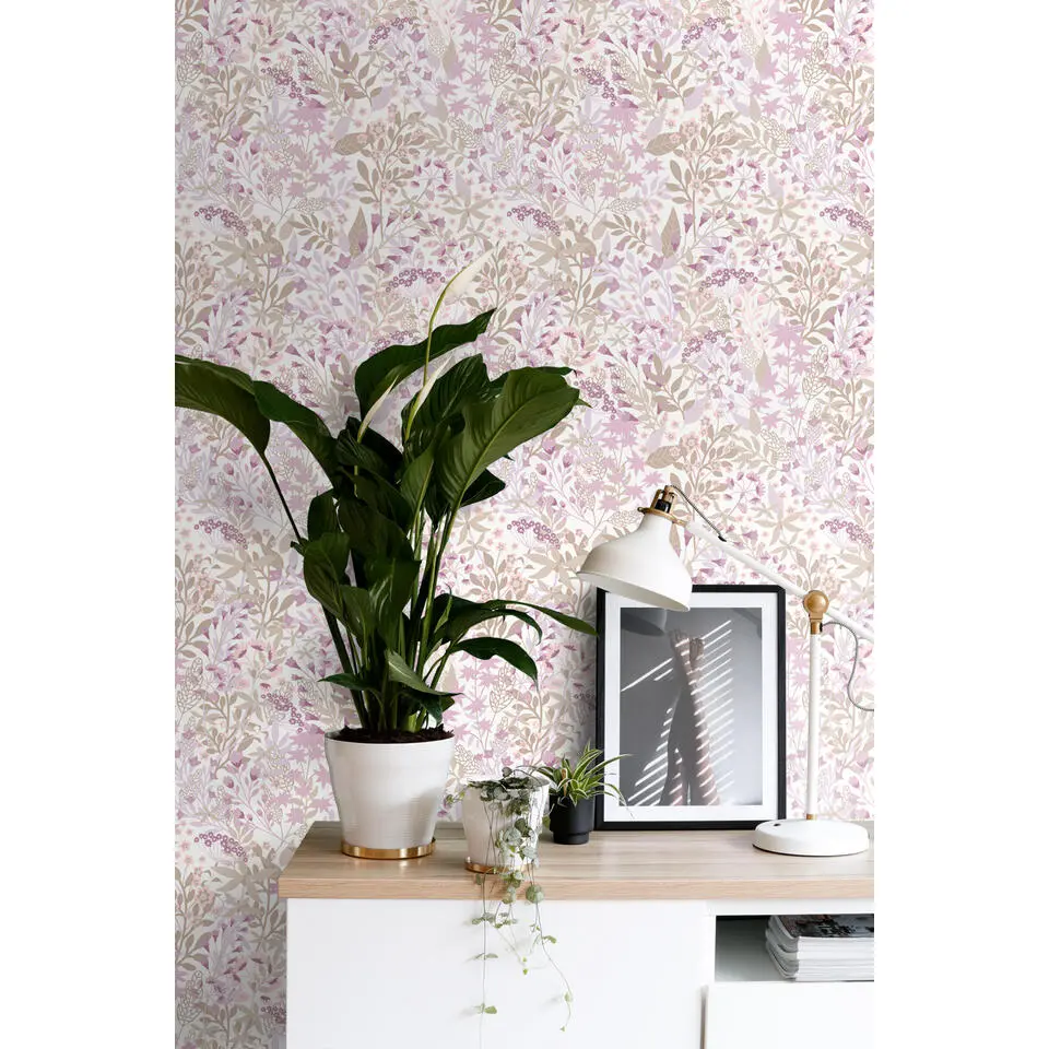 ESTAhome behang veldbloemen lila paars en vergrijsd groen - 50 x 900 cm
