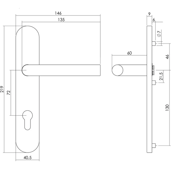 Türdrücker, 219x40,5x9 mm PZ72 mm