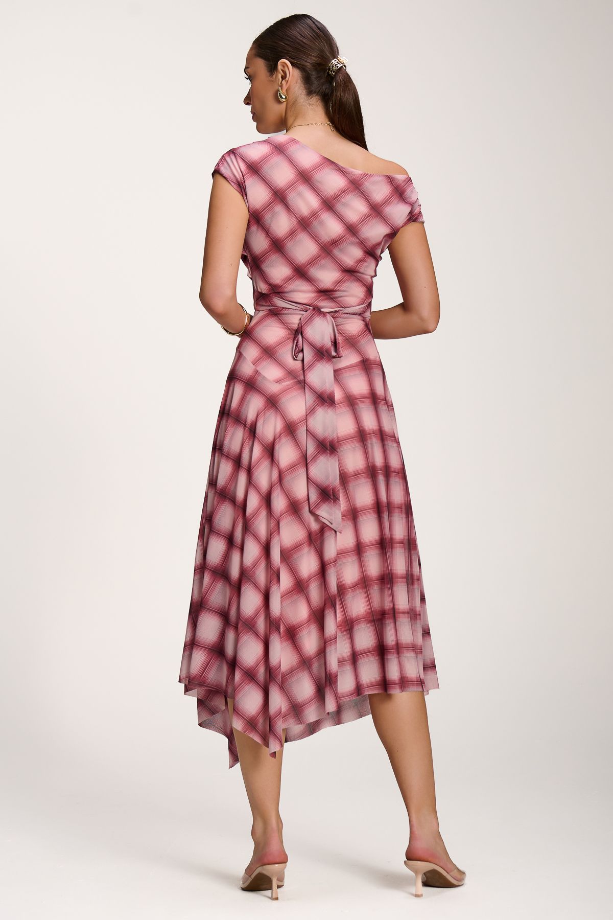 Jolie Moi Asymmetric Draped Mesh Dress