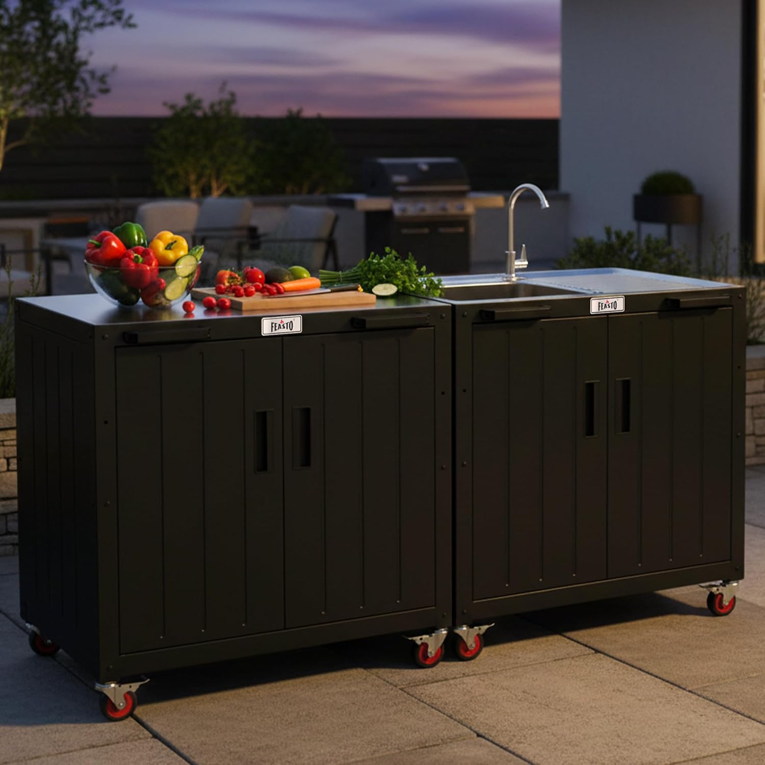 Outdoor Grill Cart with Storage Cabinet and Stainless Steel Top  35-Inch Outdoor Grill Station with Door  Modular Kitchen Island for Food Prep and BBQ  Black & Silver