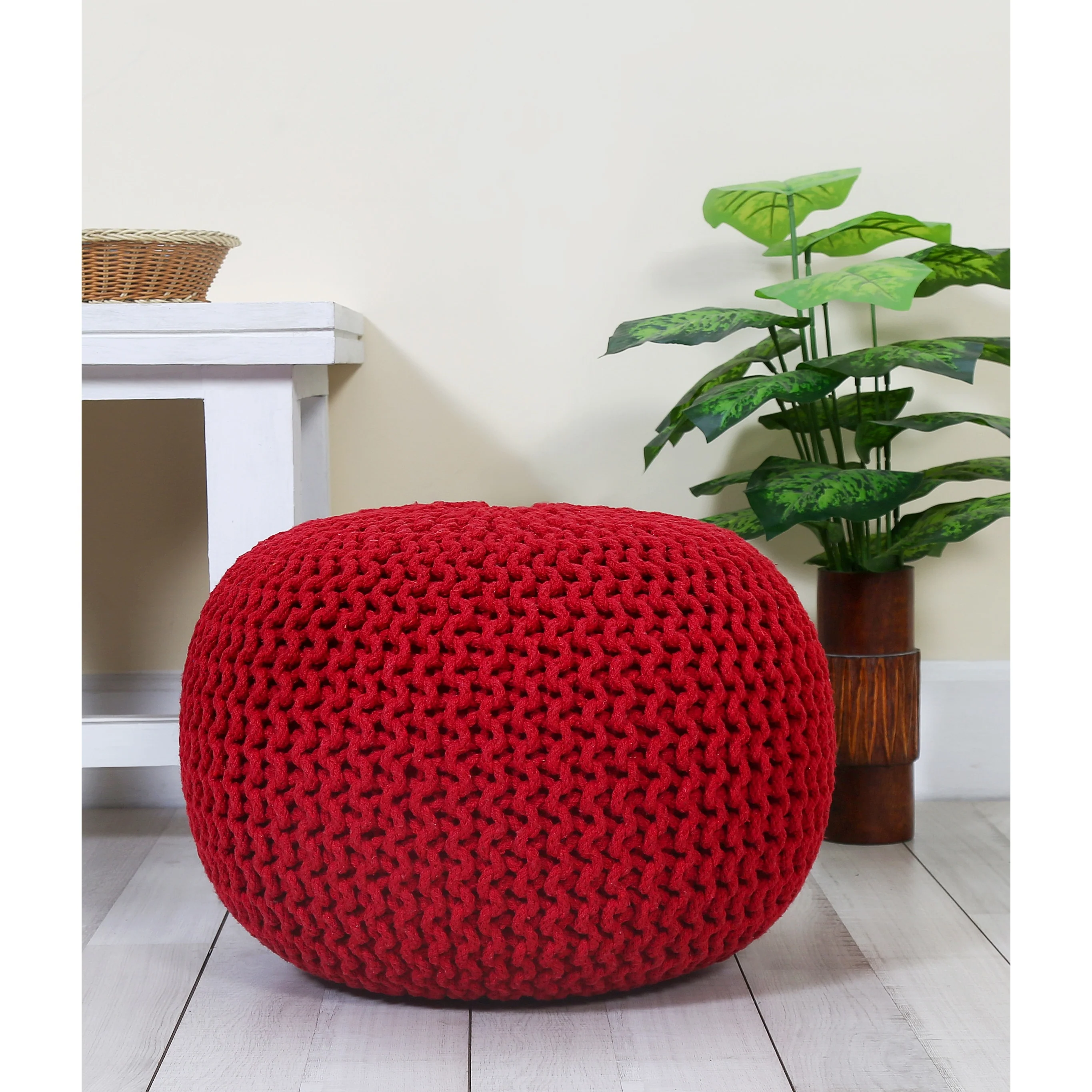 Hand Knitted Pouf Cotton Braided Cord Cable Ottoman - Foot Stool - Accent Seat Furniture Bean Bag - Living Room Kids - 18x18x14